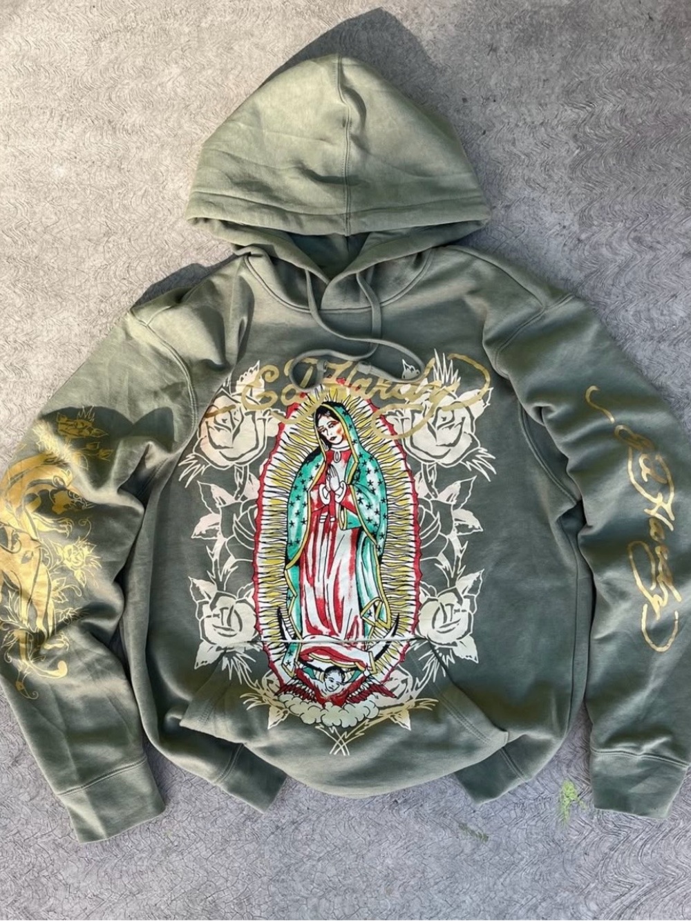 Ed Hardy Olive Green Graphic Virgin Mary Hoodie